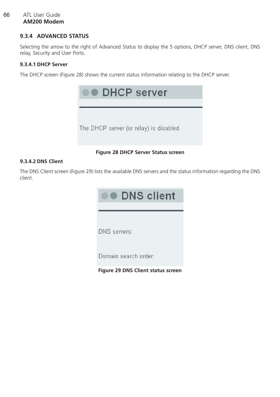 4 advanced status, 1 dhcp server, 2 dns client | Advanced status, Dhcp server, Dns client | ATL Telecom AM200 User Manual | Page 66 / 145