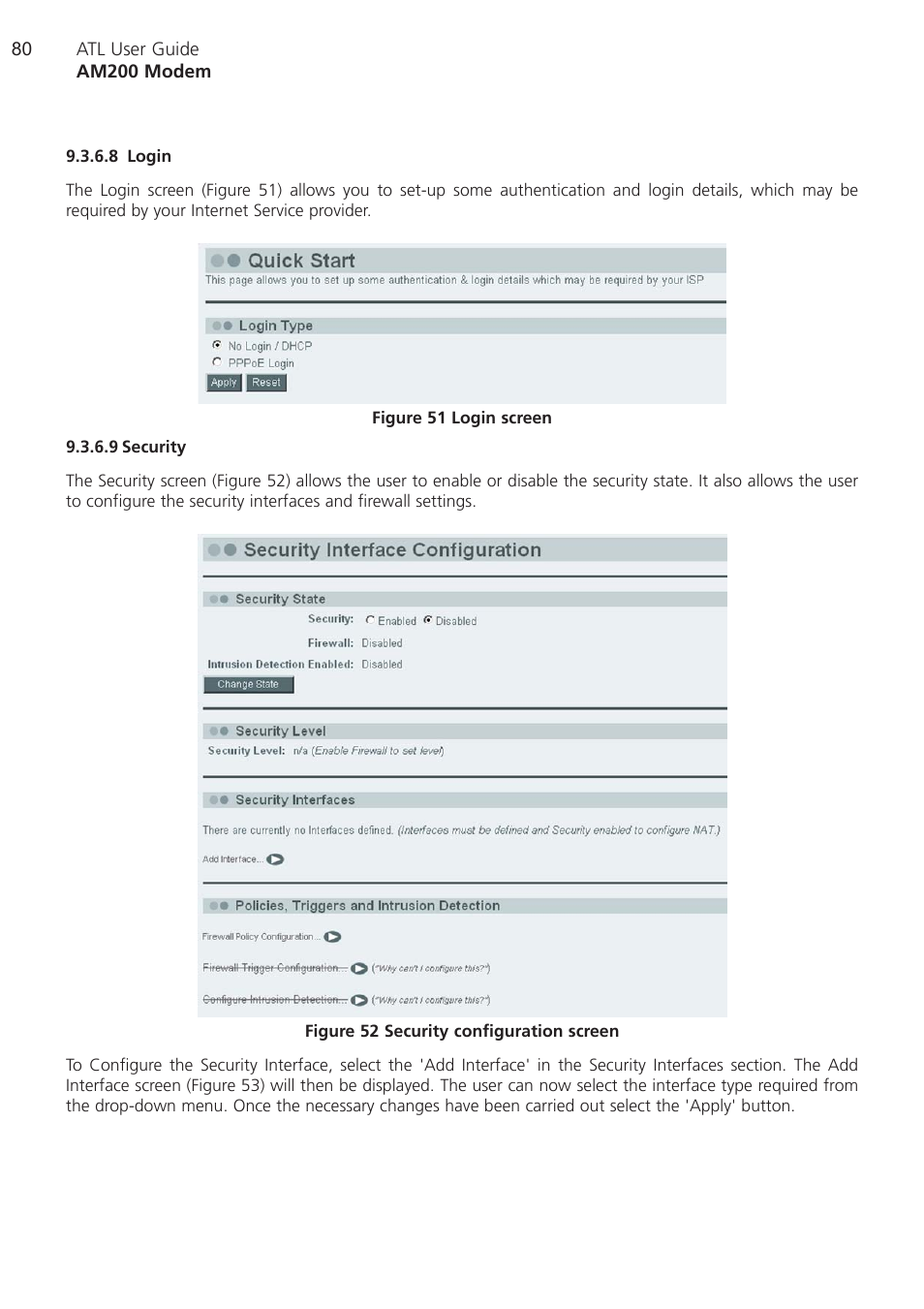 8 login, 9 security, Login | Security | ATL Telecom AM200 User Manual | Page 80 / 145