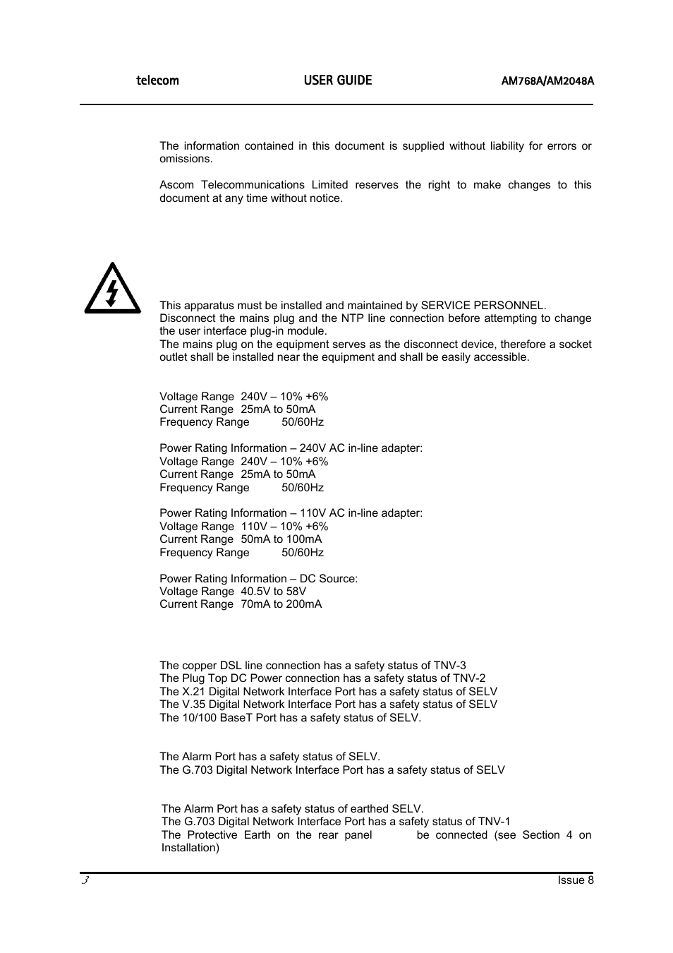 Ascom, Tte – network statement | ATL Telecom AM2048 User Manual | Page 3 / 51