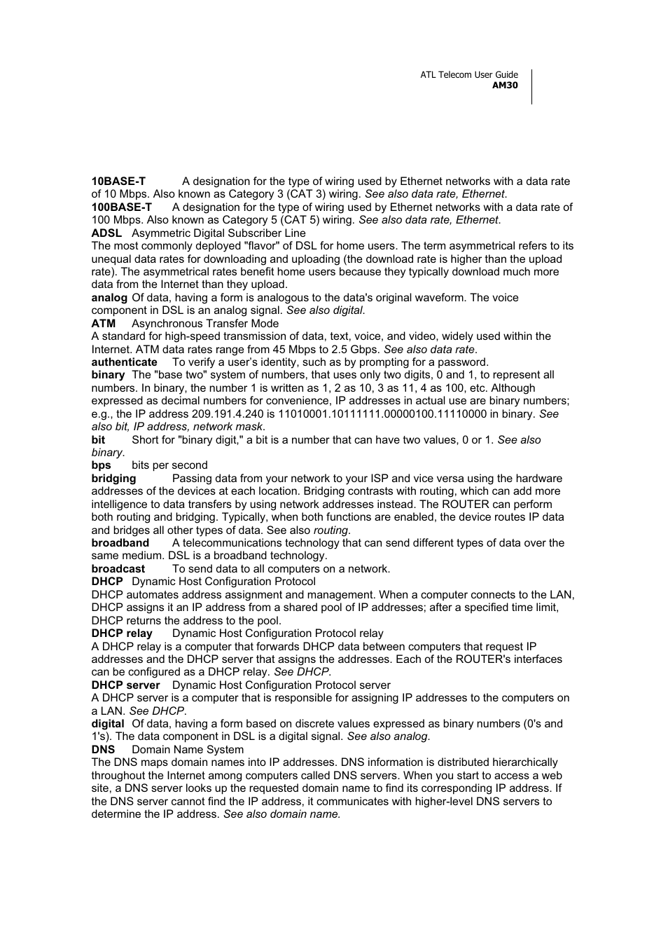 Glossary | ATL Telecom AM30 User Manual | Page 167 / 177