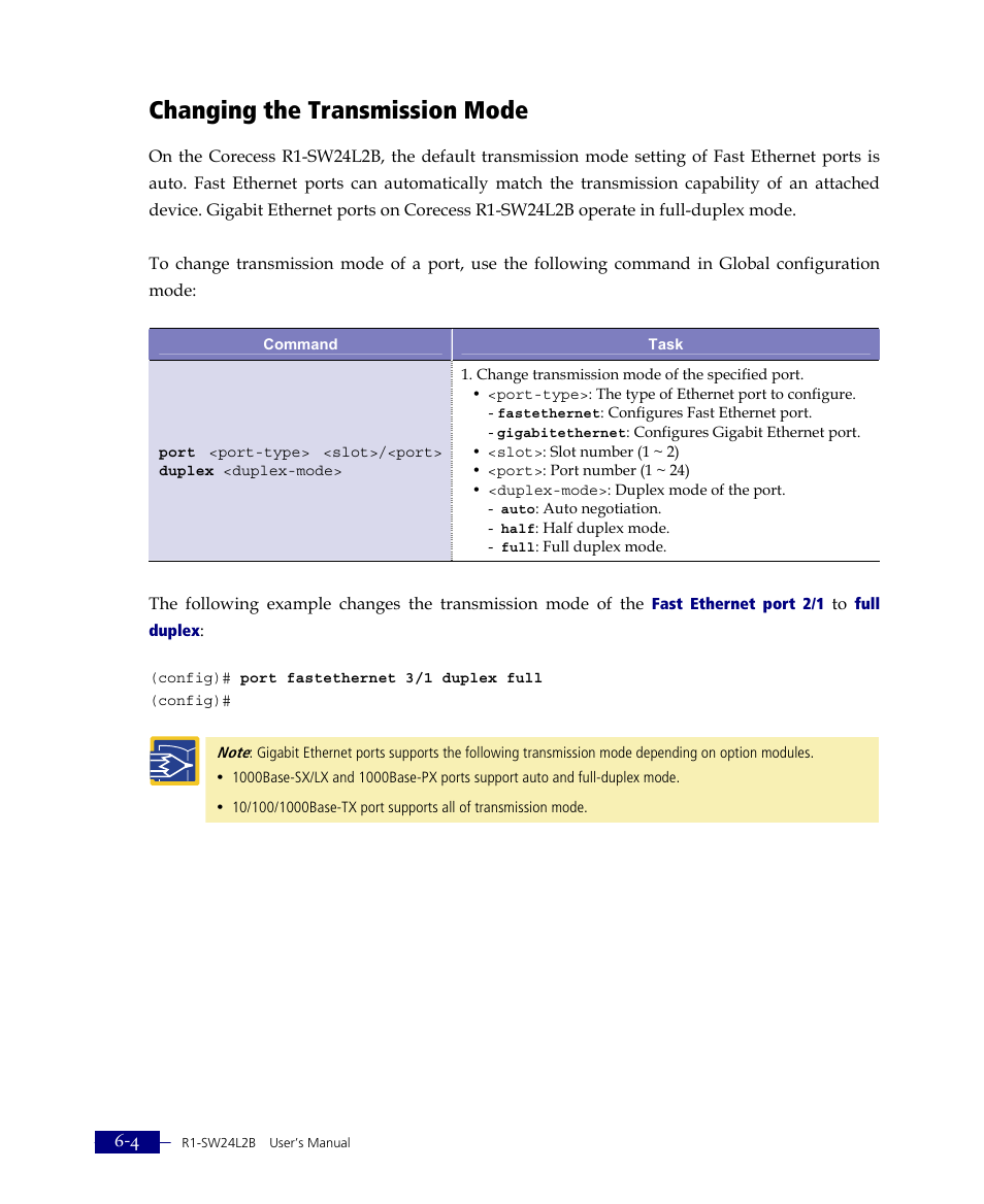 Changing the transmission mode | ATL Telecom R1-SW Ethernet Switch User Manual | Page 116 / 300