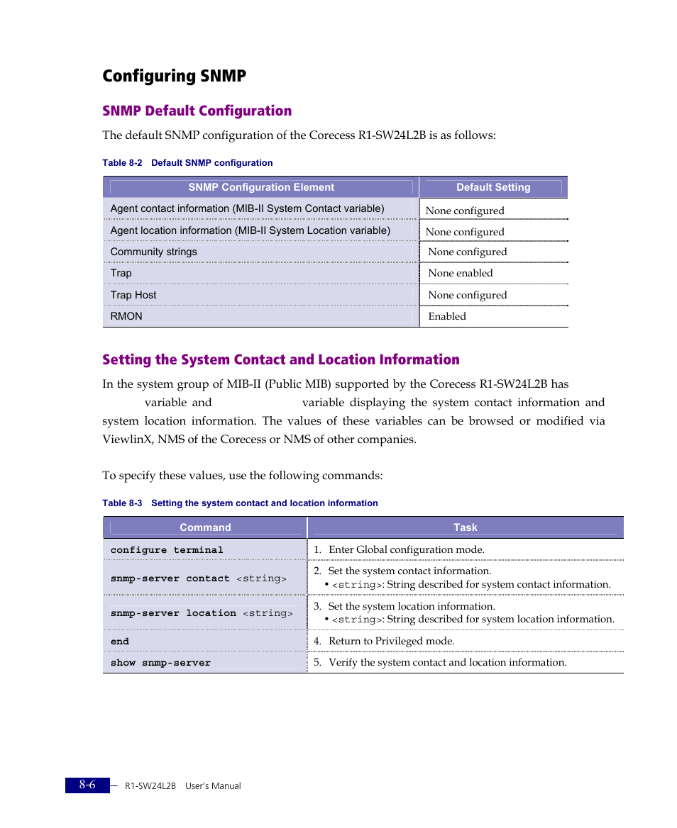 Configuring snmp, Snmp default configuration | ATL Telecom R1-SW Ethernet Switch User Manual | Page 140 / 300