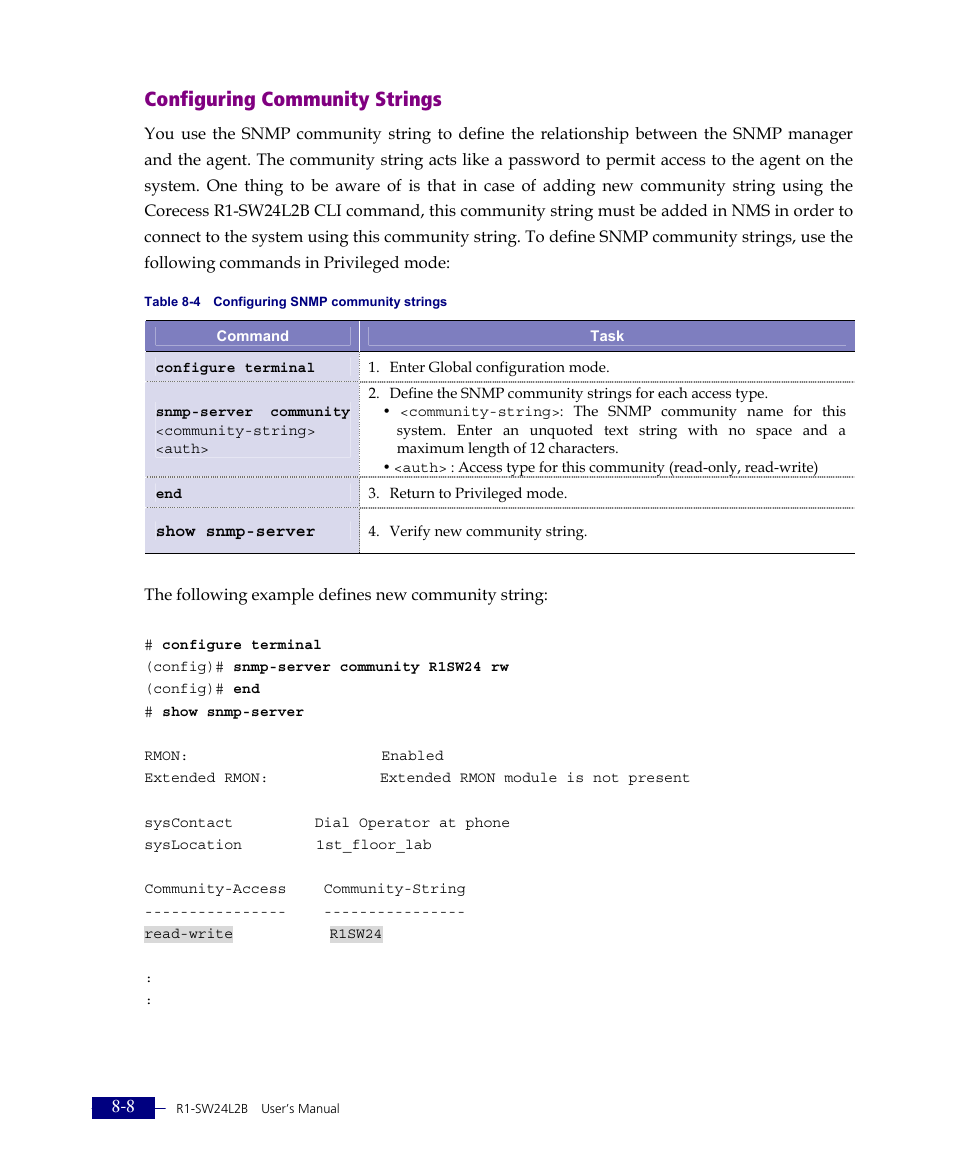 Configuring community strings | ATL Telecom R1-SW Ethernet Switch User Manual | Page 142 / 300