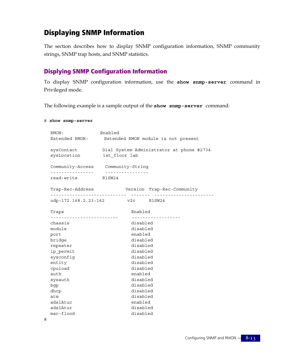 Displaying snmp information, Displying snmp configuration information | ATL Telecom R1-SW Ethernet Switch User Manual | Page 147 / 300