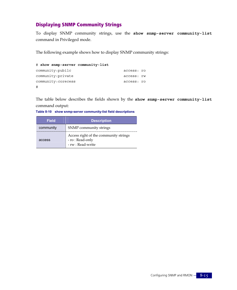 Displaying snmp community strings | ATL Telecom R1-SW Ethernet Switch User Manual | Page 149 / 300