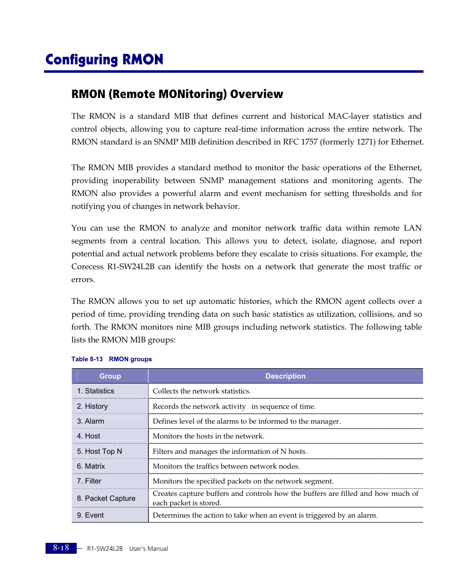 Configuring rmon, Rmon (remote monitoring) overview | ATL Telecom R1-SW Ethernet Switch User Manual | Page 152 / 300