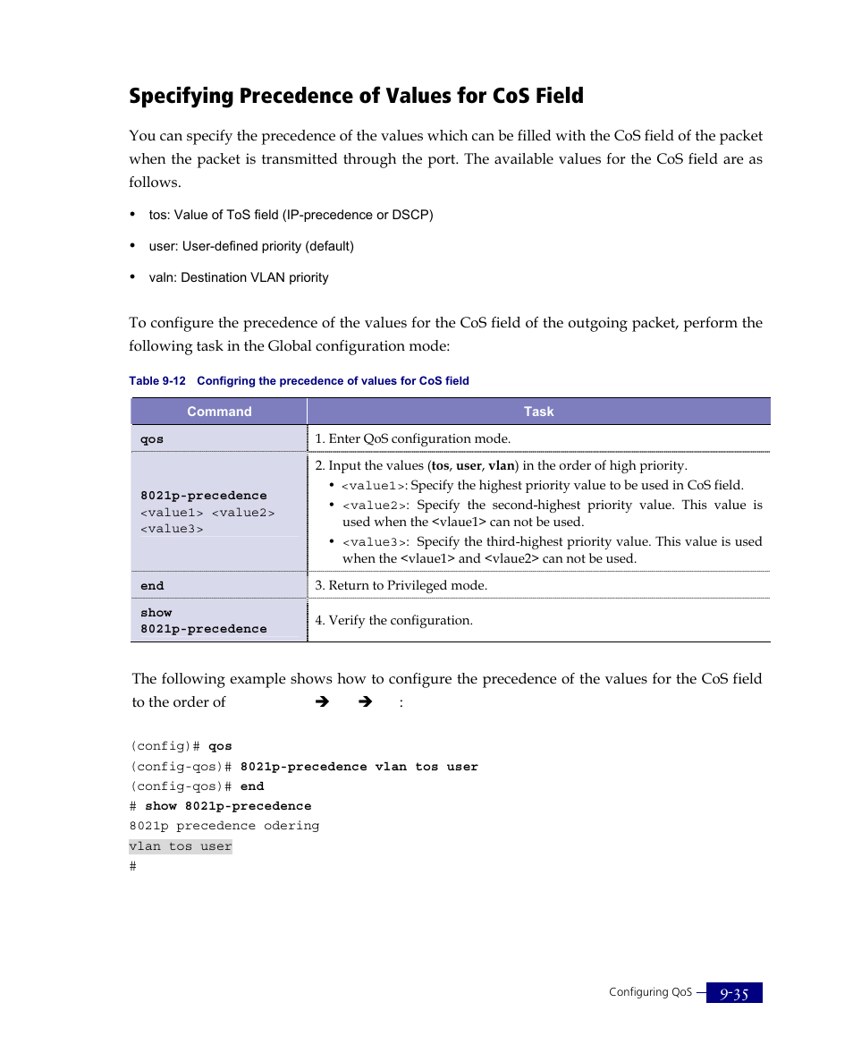 Specifying precedence of values for cos field | ATL Telecom R1-SW Ethernet Switch User Manual | Page 203 / 300