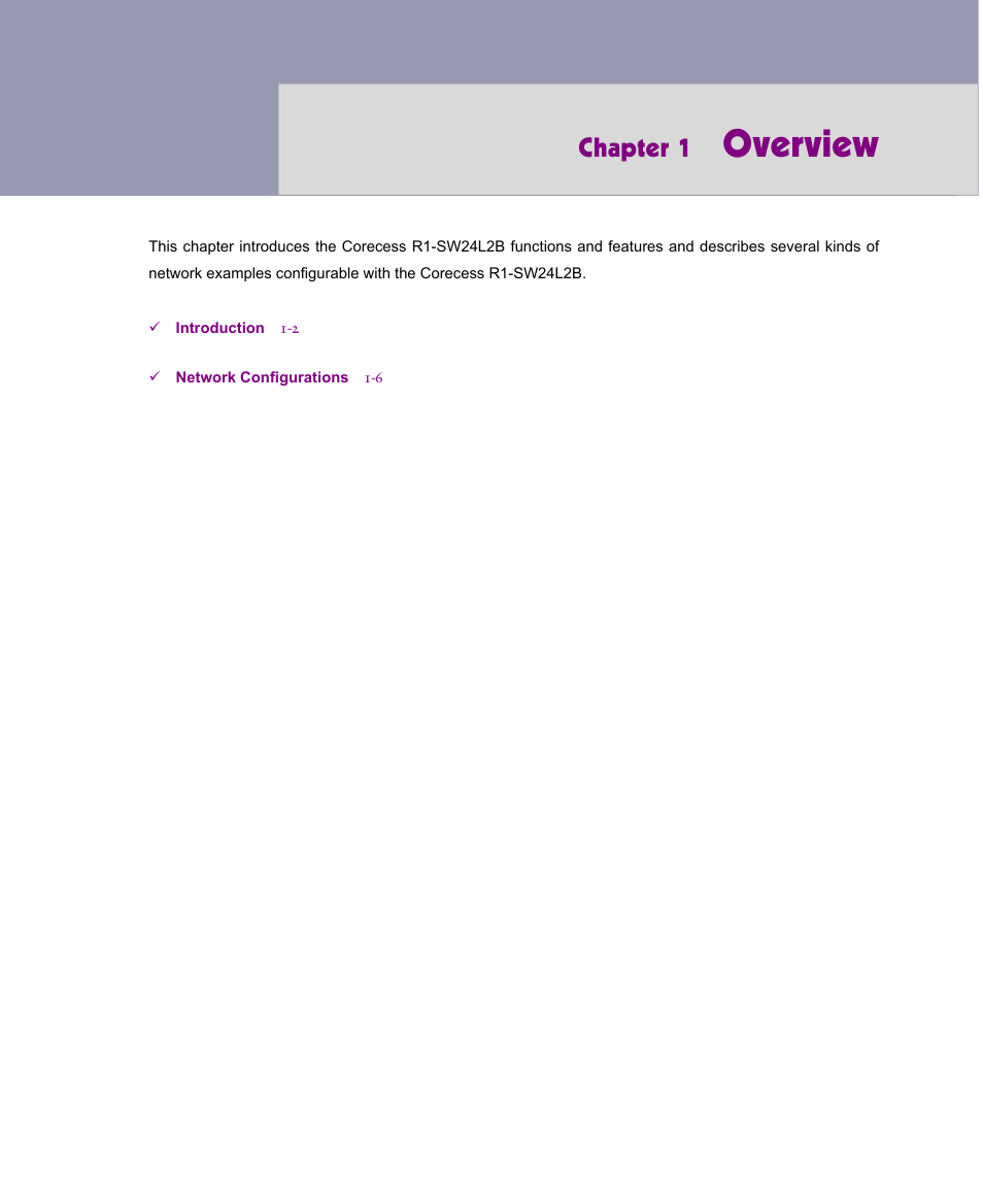 Overview, Chapter 1 | ATL Telecom R1-SW Ethernet Switch User Manual | Page 21 / 300