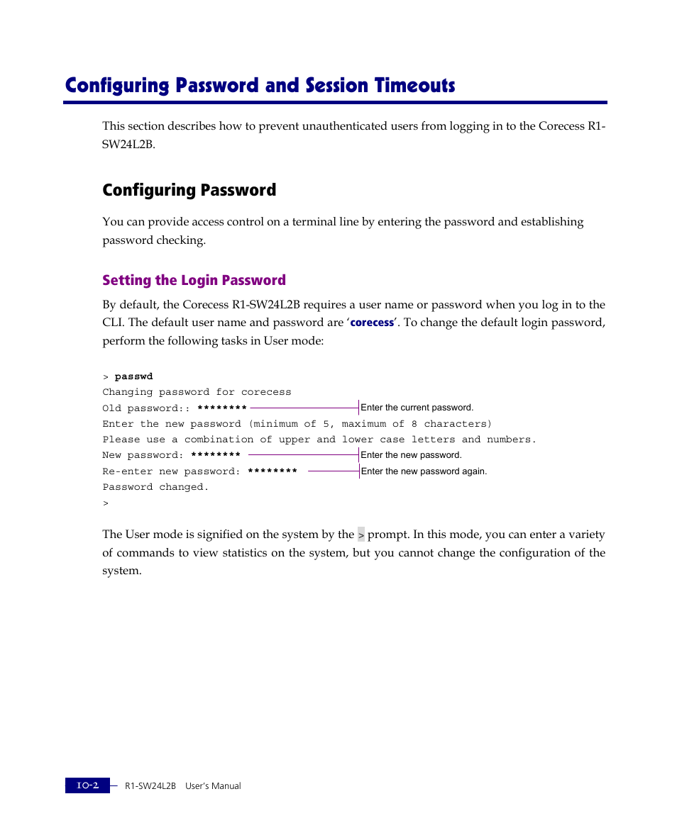 Configuring password and session timeouts, Configuring password, Setting the login password | ATL Telecom R1-SW Ethernet Switch User Manual | Page 212 / 300