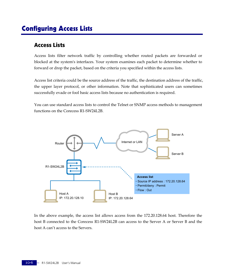 Configuring access lists, Access lists | ATL Telecom R1-SW Ethernet Switch User Manual | Page 216 / 300