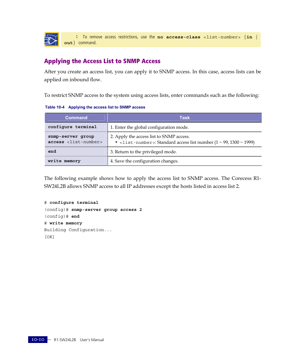 Applying the access list to snmp access | ATL Telecom R1-SW Ethernet Switch User Manual | Page 220 / 300