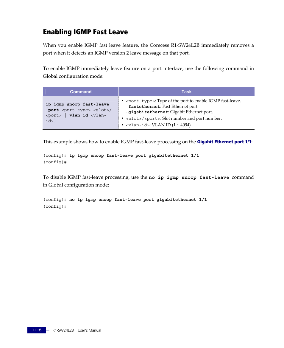 Enabling igmp fast leave | ATL Telecom R1-SW Ethernet Switch User Manual | Page 240 / 300