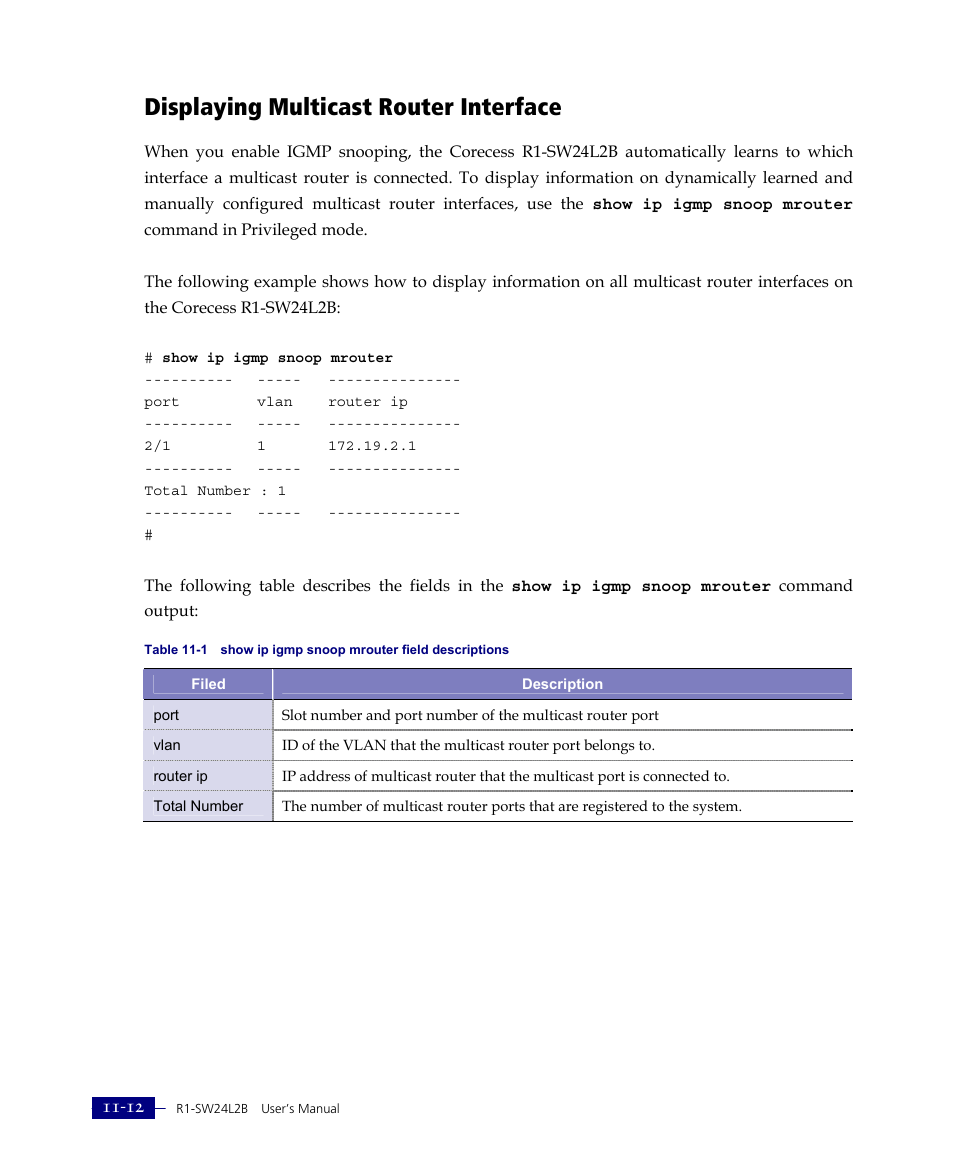 Displaying multicast router interface | ATL Telecom R1-SW Ethernet Switch User Manual | Page 246 / 300