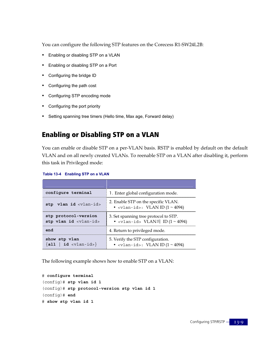 Procedures for stp configuration, Enabling or disabling stp on a vlan | ATL Telecom R1-SW Ethernet Switch User Manual | Page 267 / 300