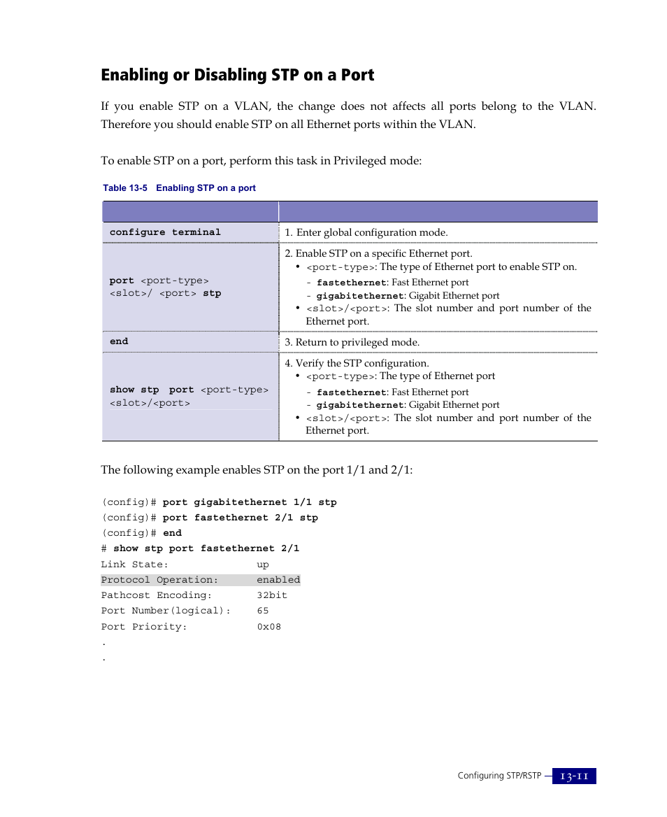 Enabling or disabling stp on a port | ATL Telecom R1-SW Ethernet Switch User Manual | Page 269 / 300