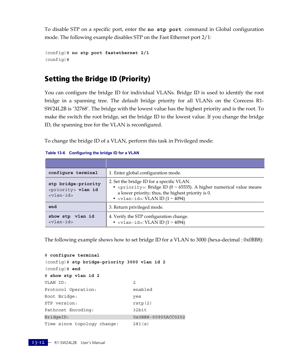 Setting the bridge id (priority) | ATL Telecom R1-SW Ethernet Switch User Manual | Page 270 / 300