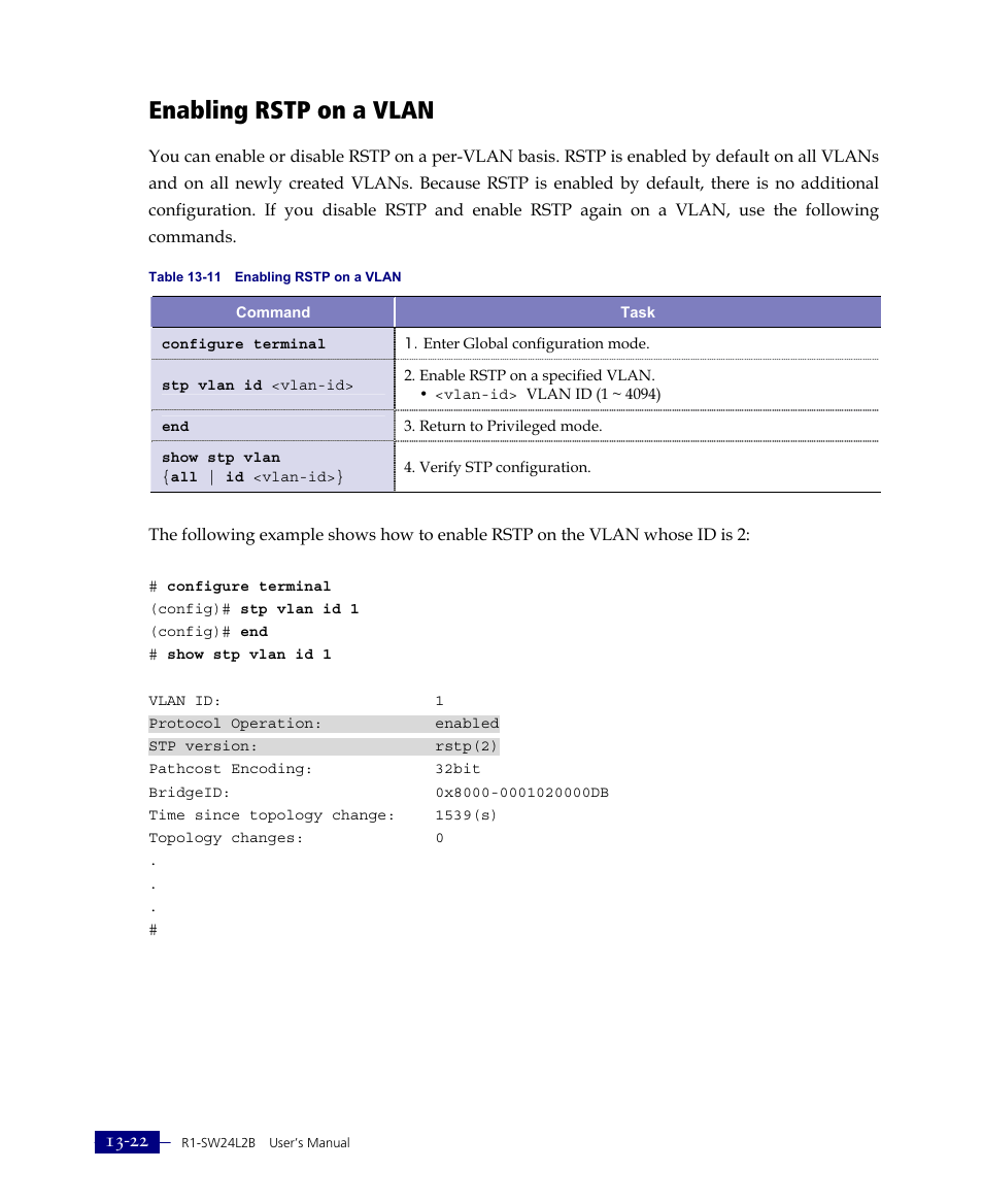 Enabling rstp on a vlan | ATL Telecom R1-SW Ethernet Switch User Manual | Page 280 / 300