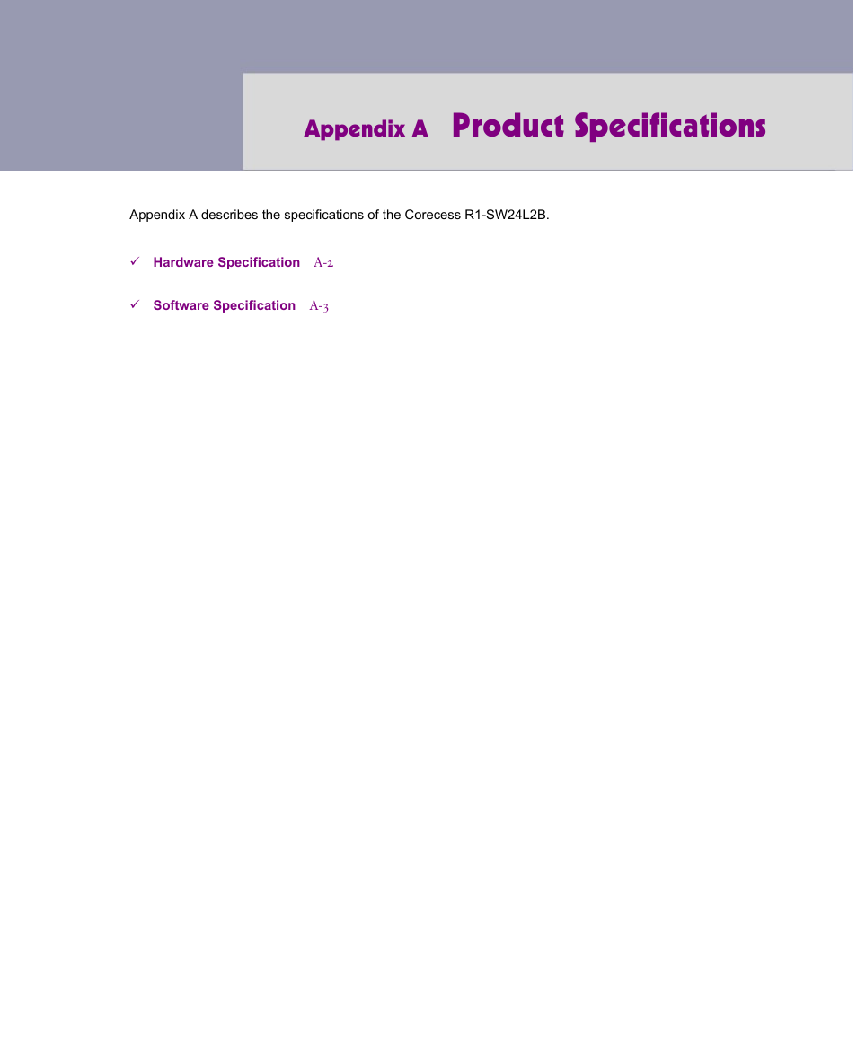Product specifications, Appendix a | ATL Telecom R1-SW Ethernet Switch User Manual | Page 289 / 300