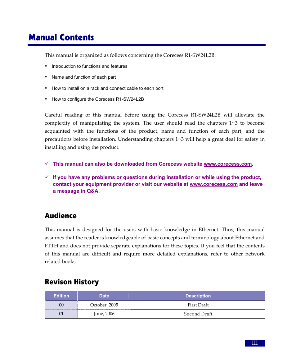 Manual contents, Audience, Revison history | ATL Telecom R1-SW Ethernet Switch User Manual | Page 3 / 300