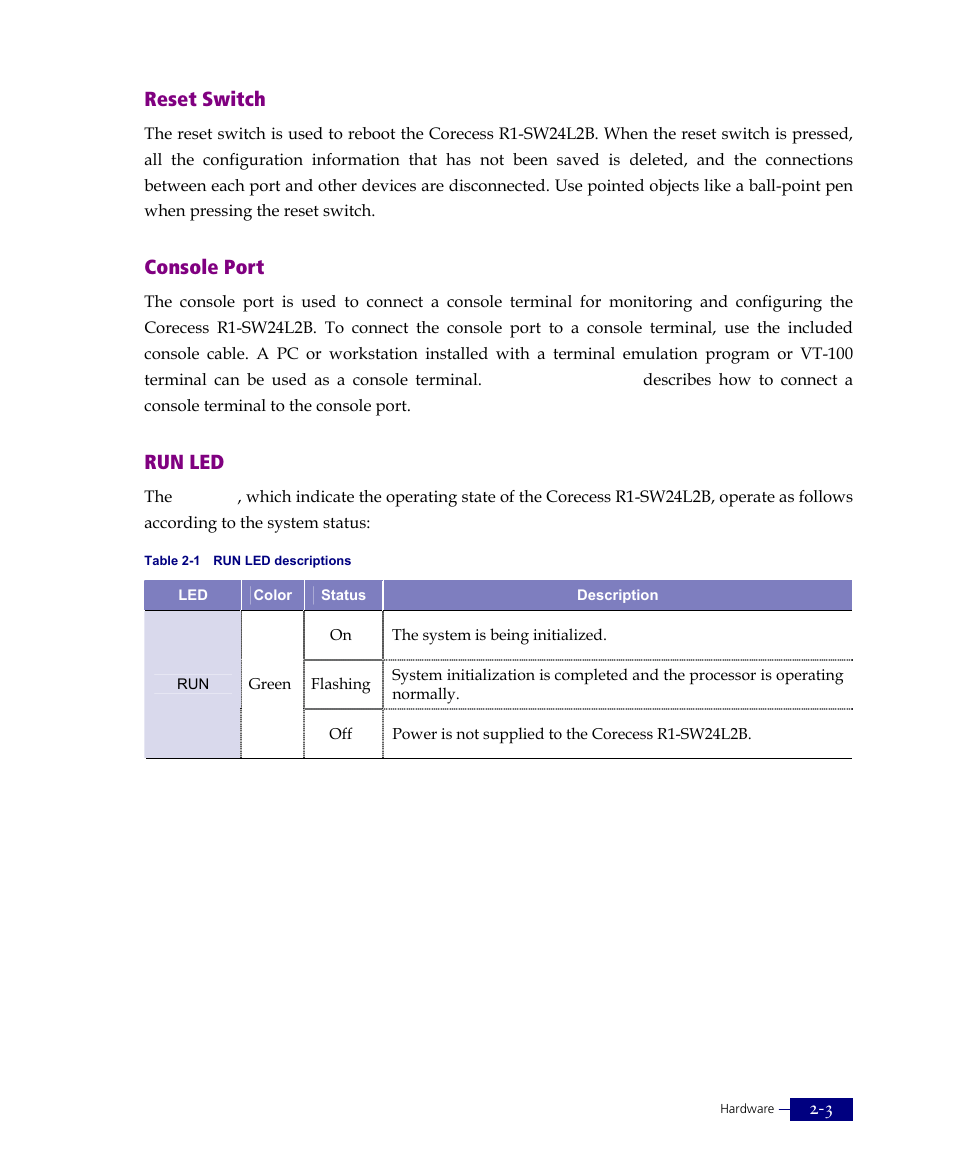 Reset switch, Console port, Run led | ATL Telecom R1-SW Ethernet Switch User Manual | Page 31 / 300