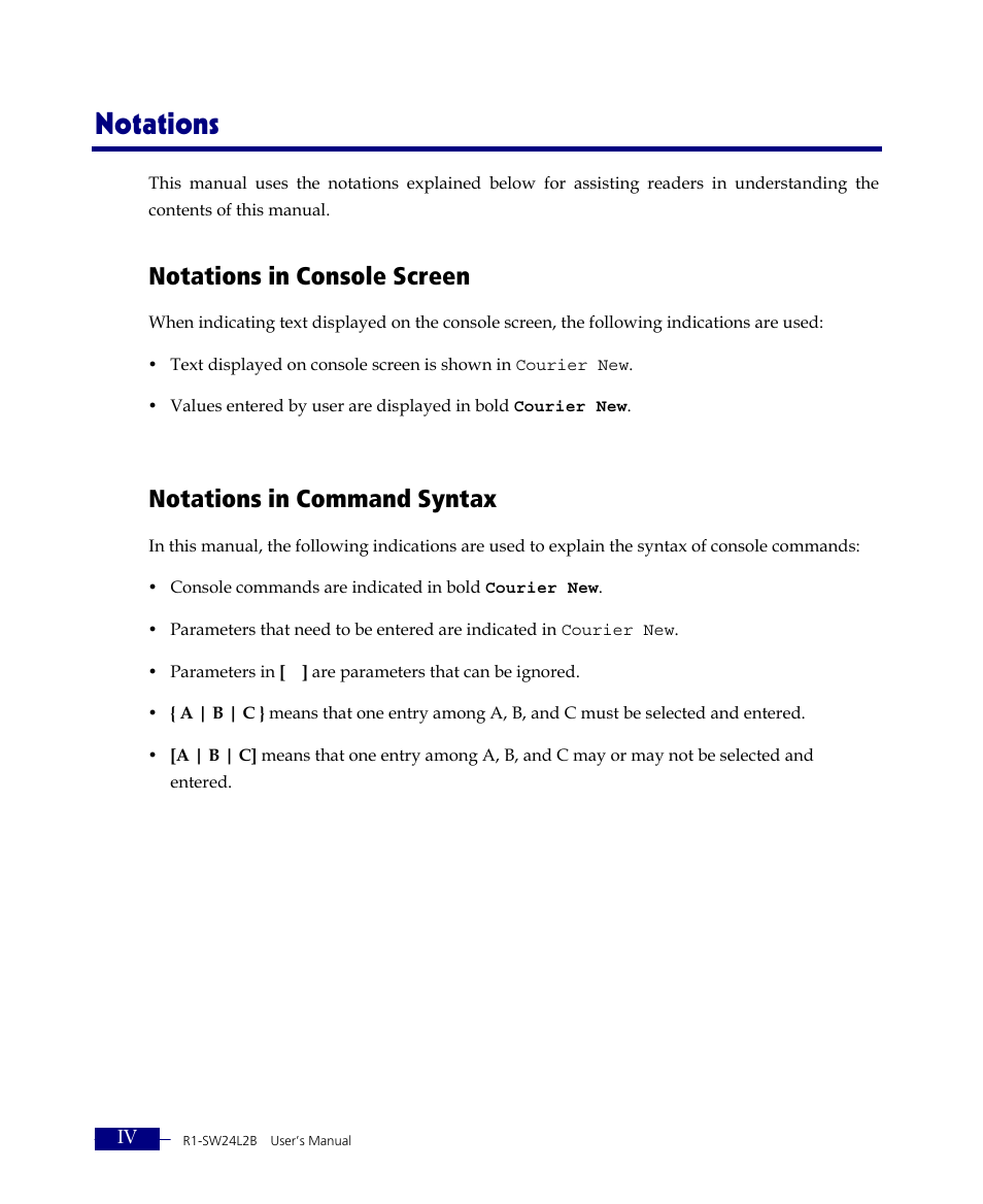 Notations, Notations in console screen, Notations in command syntax | ATL Telecom R1-SW Ethernet Switch User Manual | Page 4 / 300