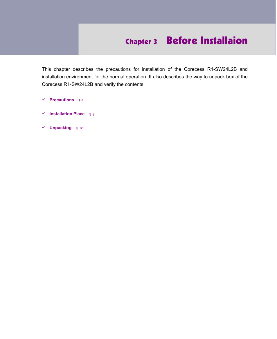 Before installaion, Chapter 3 | ATL Telecom R1-SW Ethernet Switch User Manual | Page 43 / 300