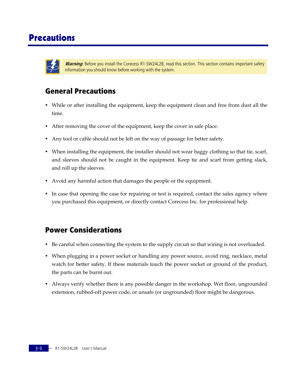 Precautions, General precautions, Power considerations | ATL Telecom R1-SW Ethernet Switch User Manual | Page 44 / 300