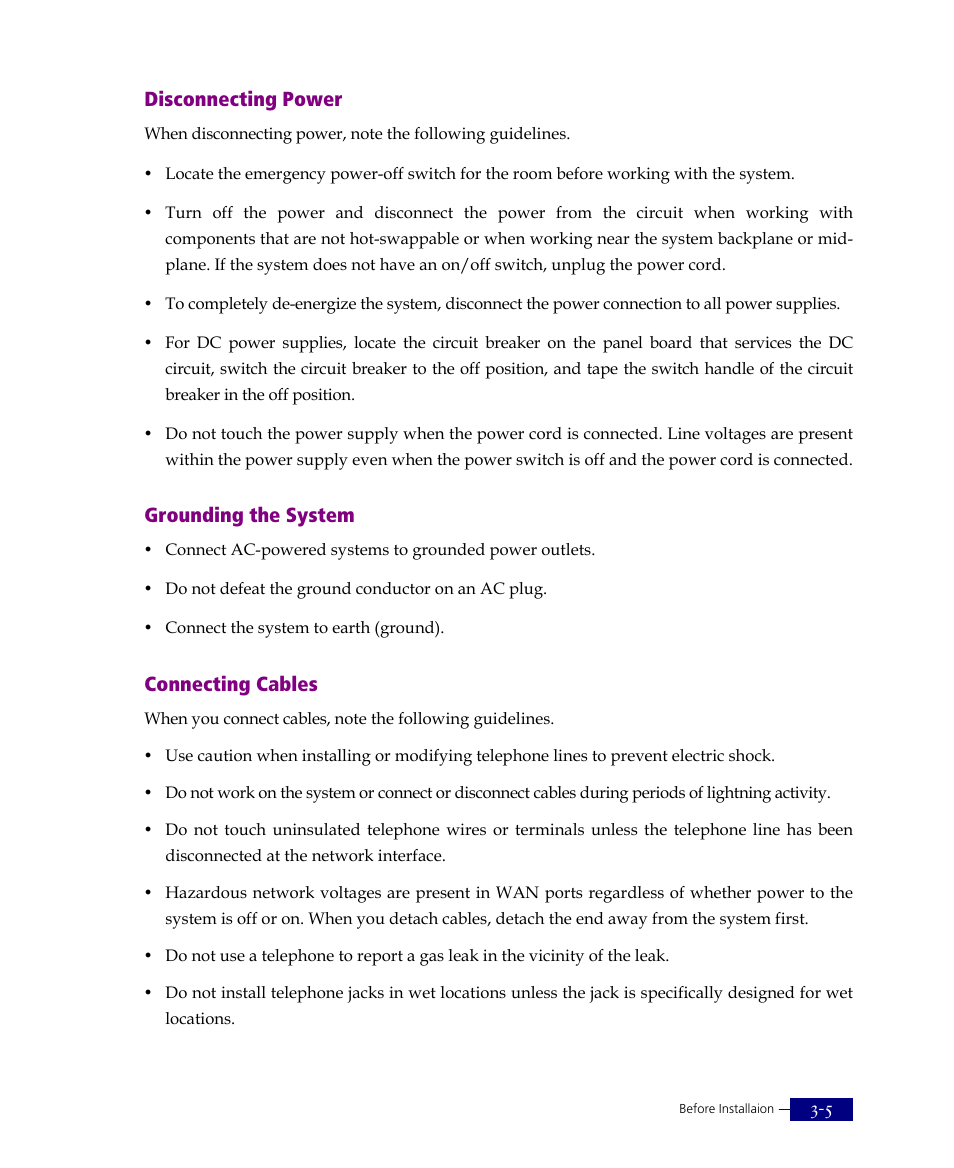 Disconnecting power, Grounding the system, Connecting cables | ATL Telecom R1-SW Ethernet Switch User Manual | Page 47 / 300