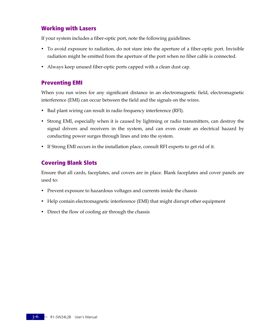 Working with lasers, Preventing emi, Covering blank slots | ATL Telecom R1-SW Ethernet Switch User Manual | Page 48 / 300