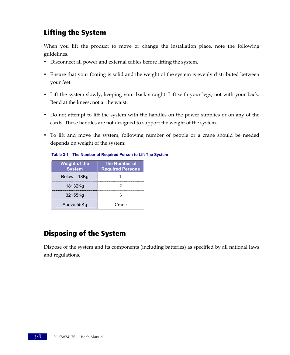 Lifting the system, Disposing of the system | ATL Telecom R1-SW Ethernet Switch User Manual | Page 50 / 300