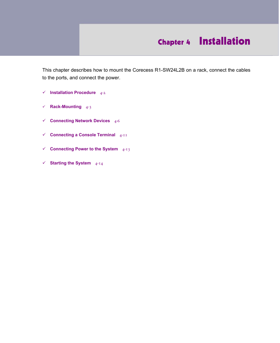 Installation, Chapter 4 | ATL Telecom R1-SW Ethernet Switch User Manual | Page 53 / 300