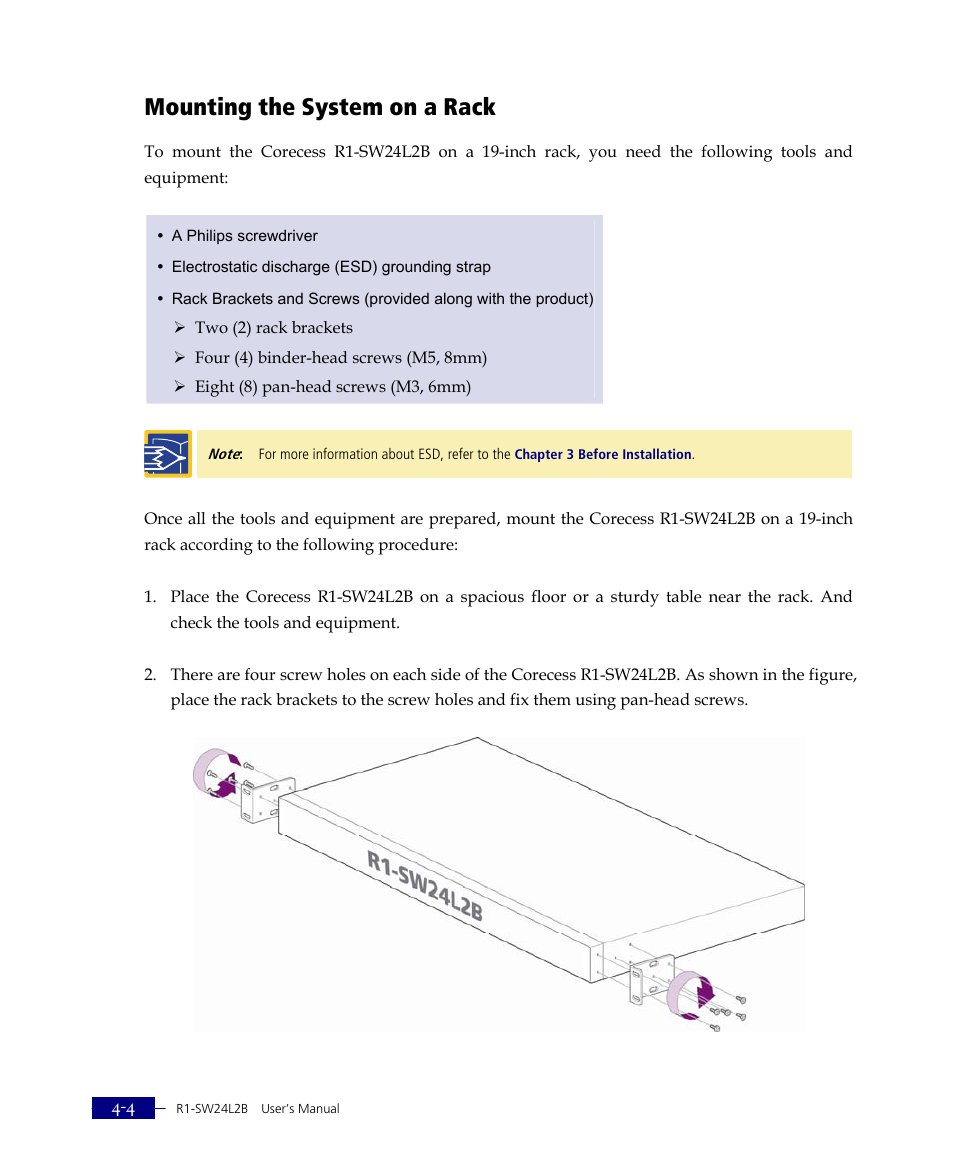 Mounting the system on a rack | ATL Telecom R1-SW Ethernet Switch User Manual | Page 56 / 300