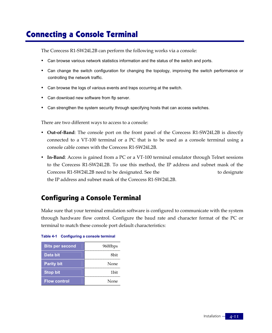 Connecting a console terminal, Configuring a console terminal | ATL Telecom R1-SW Ethernet Switch User Manual | Page 63 / 300