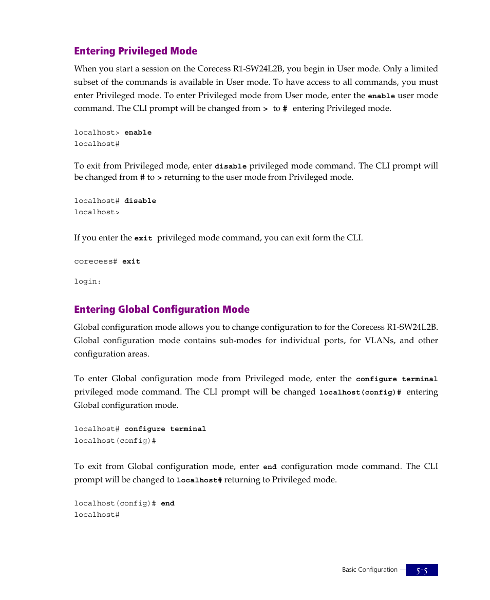 Entering privileged mode, Entering global configuration mode | ATL Telecom R1-SW Ethernet Switch User Manual | Page 73 / 300