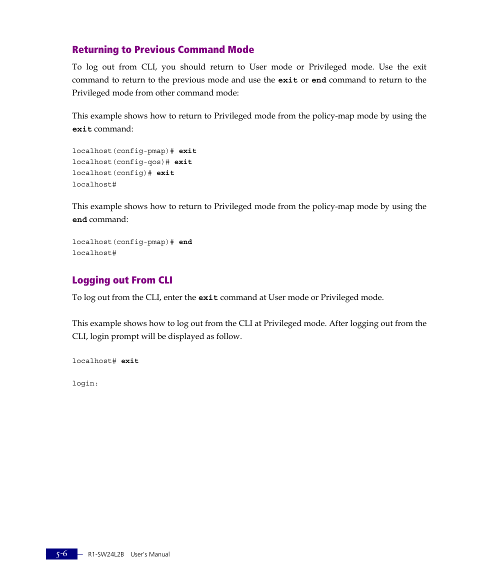 Returning to previous command mode, Logging out from cli | ATL Telecom R1-SW Ethernet Switch User Manual | Page 74 / 300