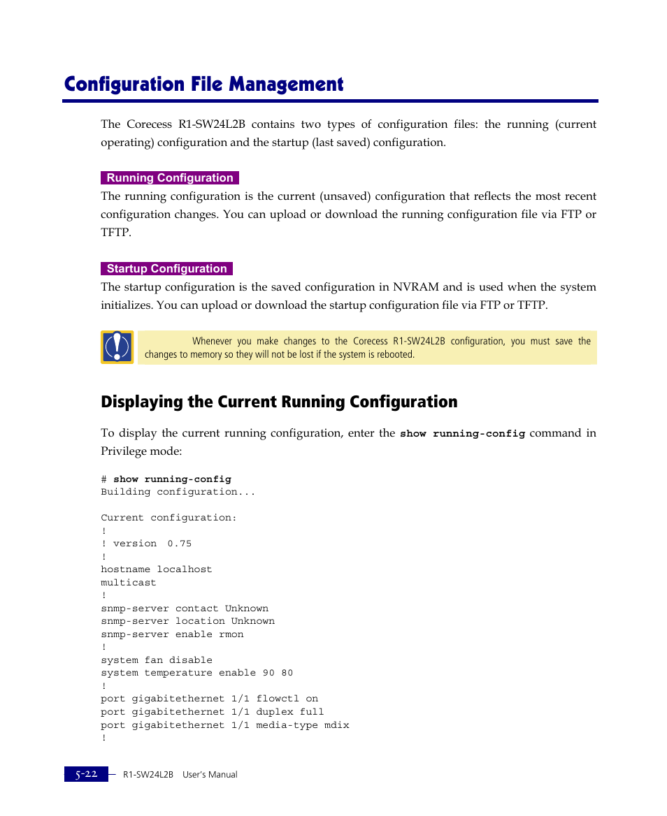 Configuration file management, Displaying the current running configuration | ATL Telecom R1-SW Ethernet Switch User Manual | Page 90 / 300