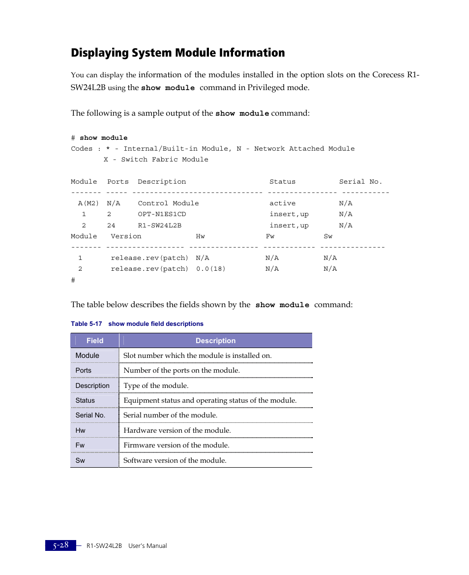 Displaying system module information | ATL Telecom R1-SW Ethernet Switch User Manual | Page 96 / 300