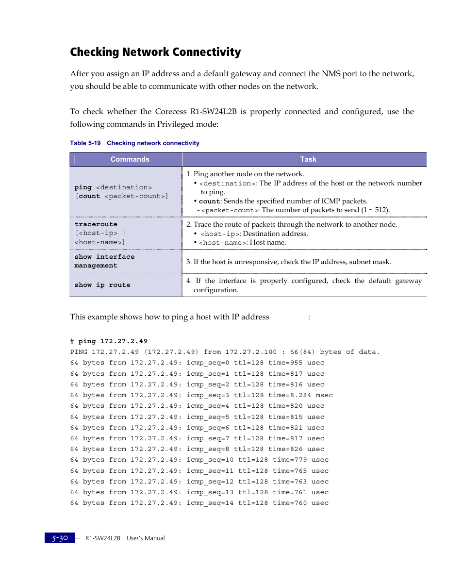 Checking network connectivity | ATL Telecom R1-SW Ethernet Switch User Manual | Page 98 / 300