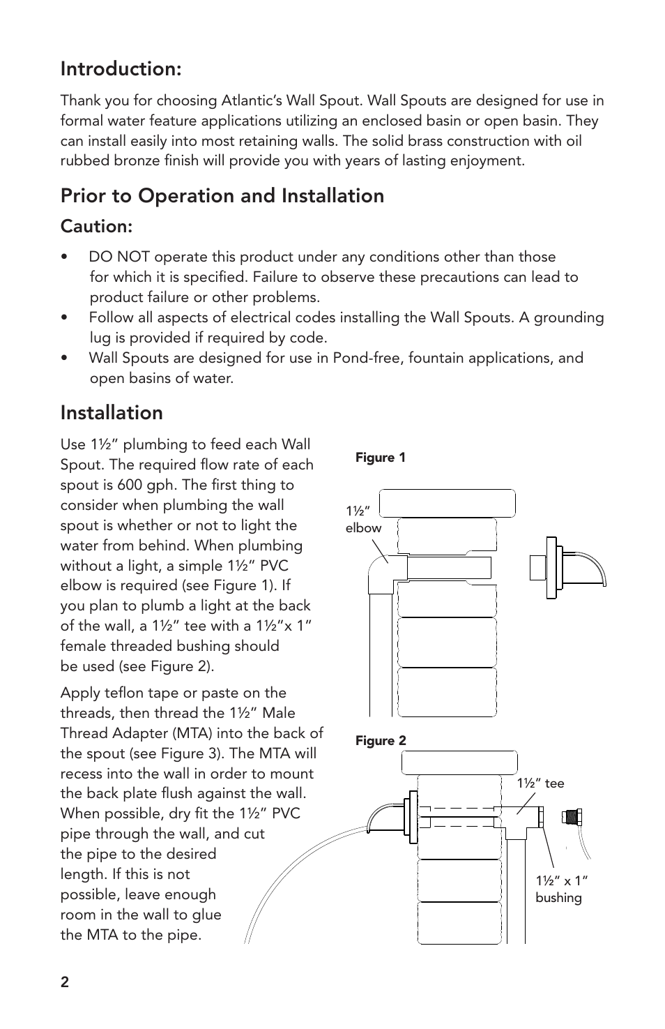 Introduction, Prior to operation and installation, Installation | Caution | Atlantic Water Gardens Mantova Wall Spout User Manual | Page 2 / 8