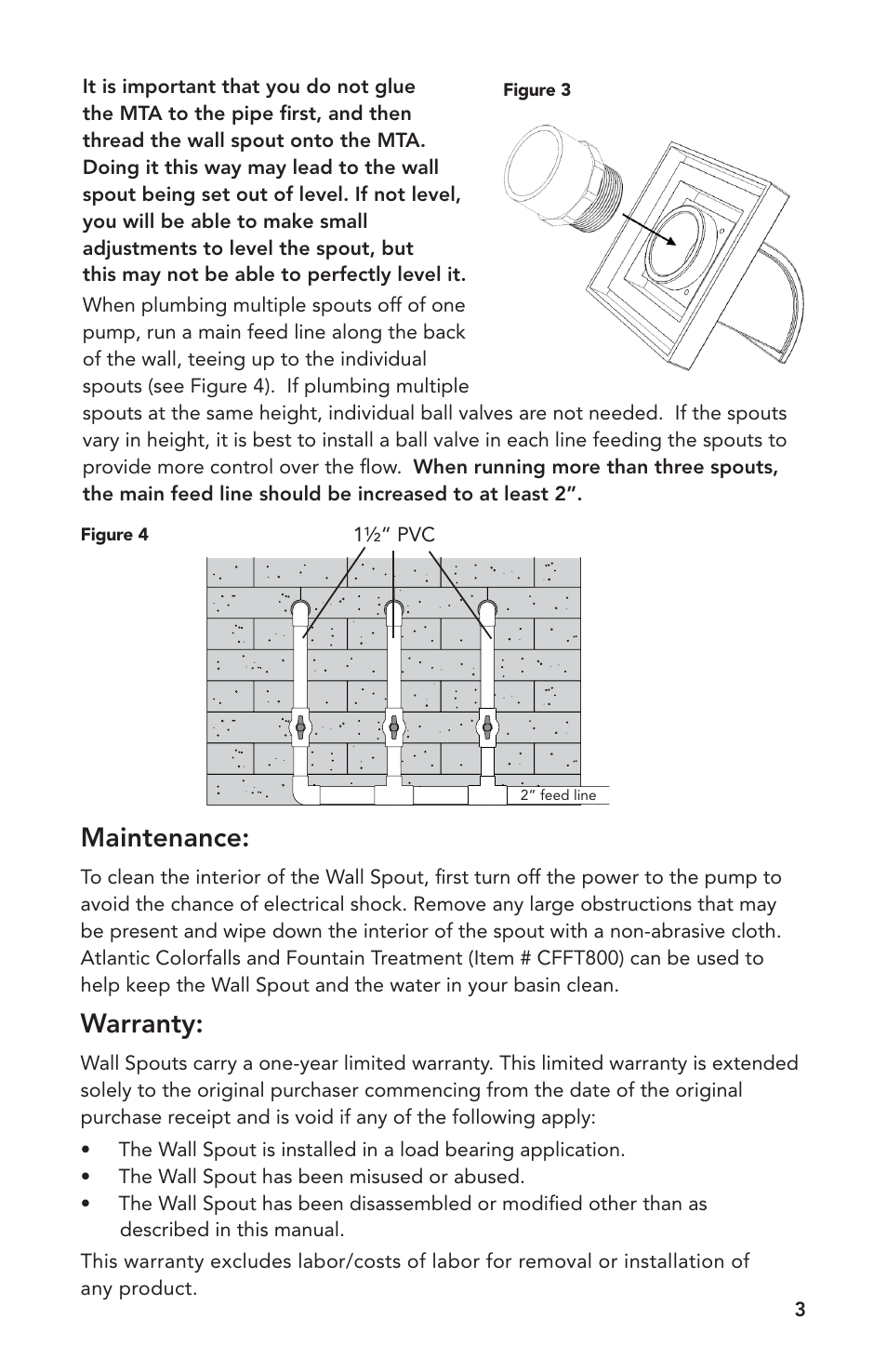 Maintenance, Warranty | Atlantic Water Gardens Mantova Wall Spout User Manual | Page 3 / 8