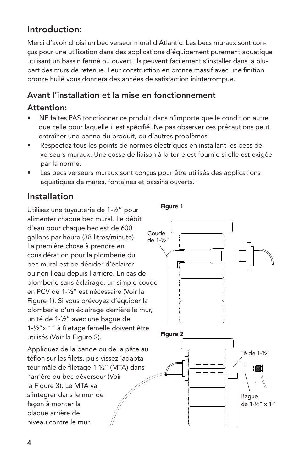 Introduction, Installation | Atlantic Water Gardens Mantova Wall Spout User Manual | Page 4 / 8