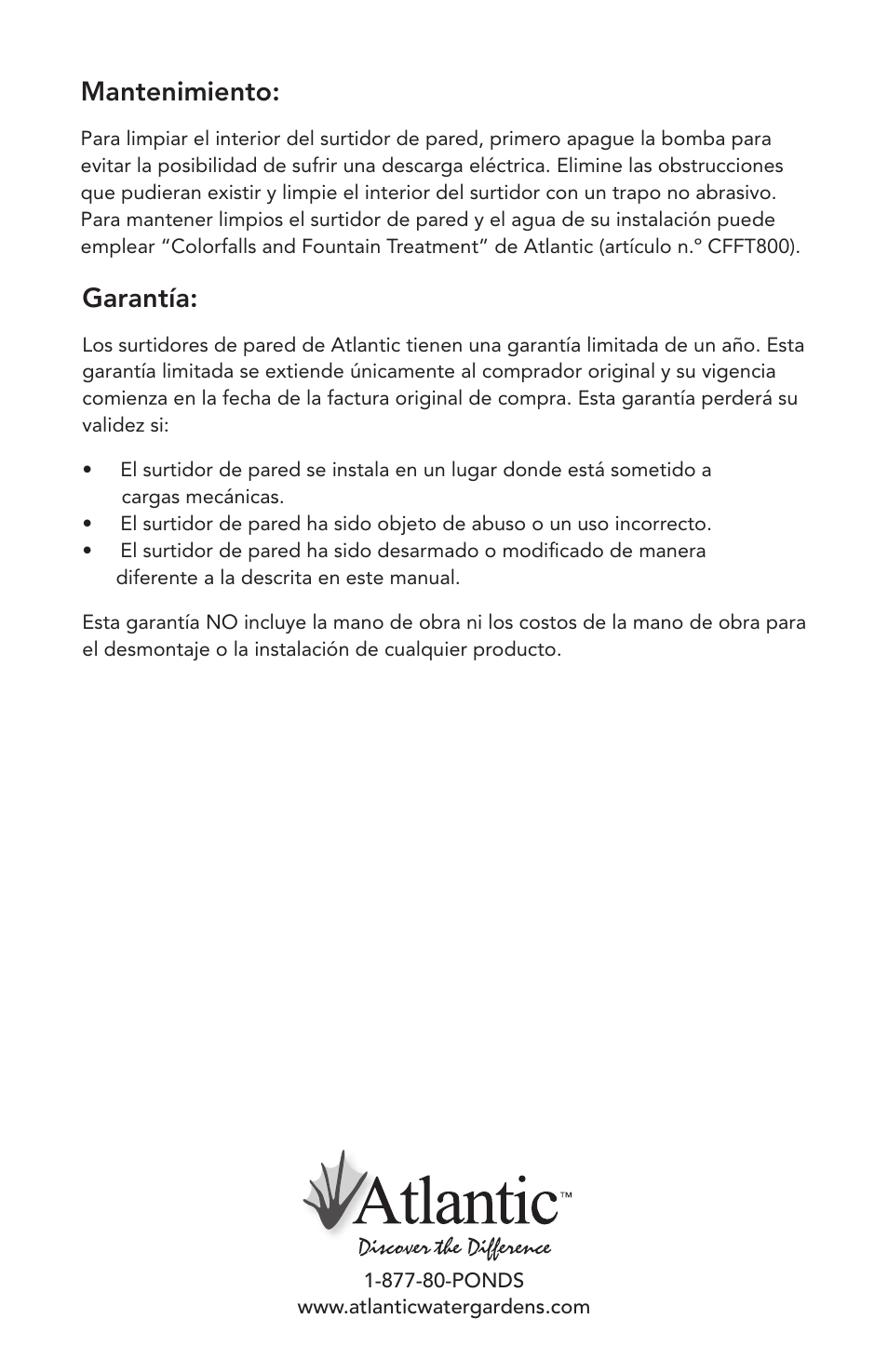 Garantía, Mantenimiento | Atlantic Water Gardens Mantova Wall Spout User Manual | Page 8 / 8