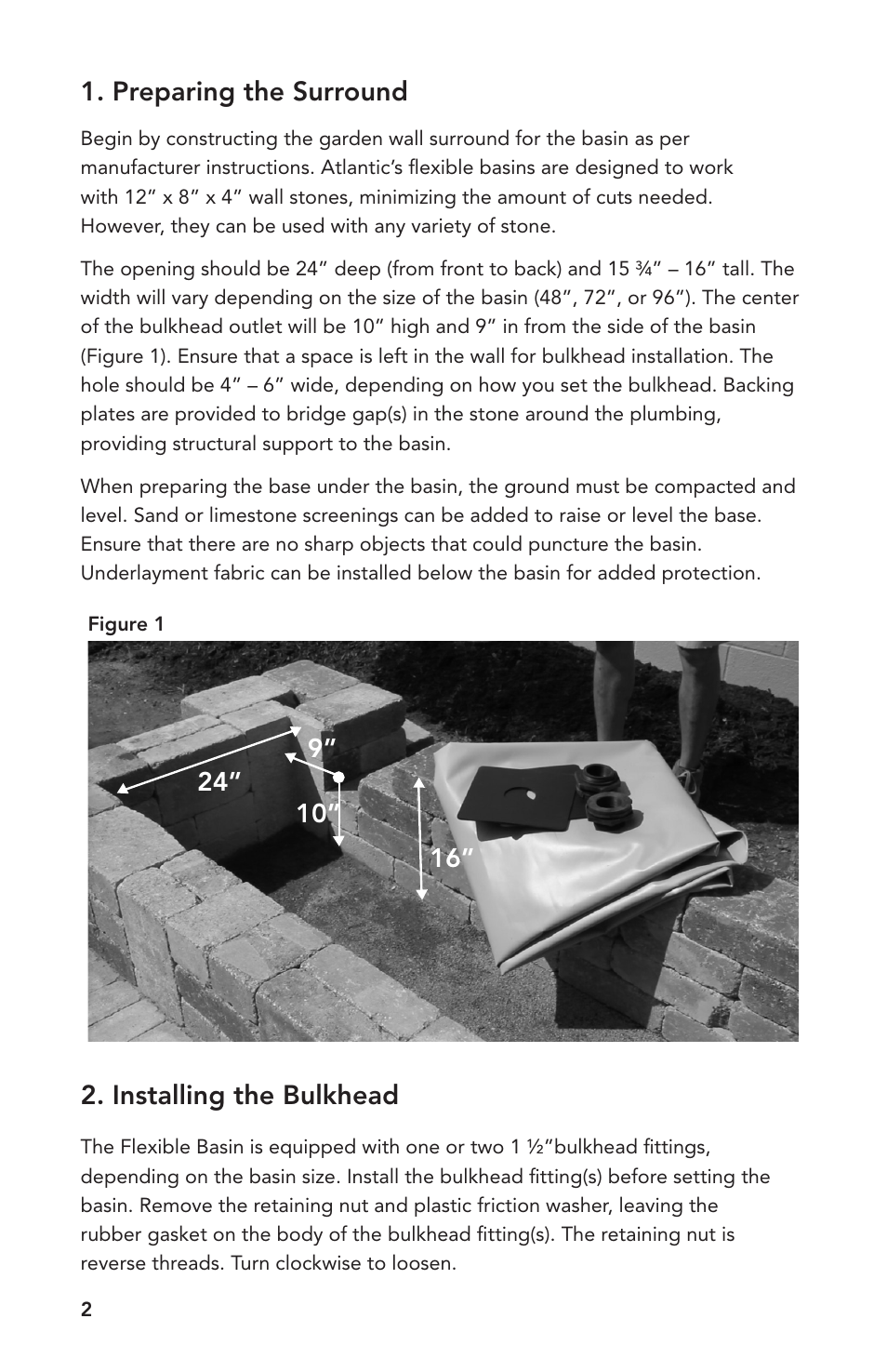 Preparing the surround, Installing the bulkhead | Atlantic Water Gardens 4' Flexible Hardscape Basin User Manual | Page 2 / 8