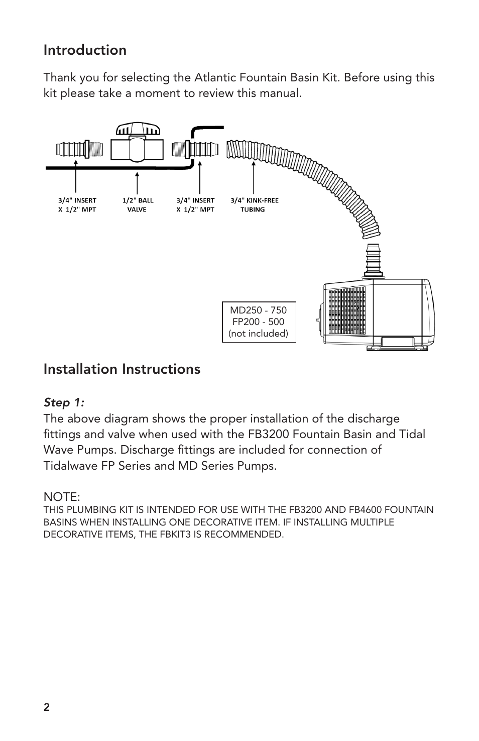 Introduction, Installation instructions | Atlantic Water Gardens FBKIT1 - Plumbing Kit User Manual | Page 2 / 4