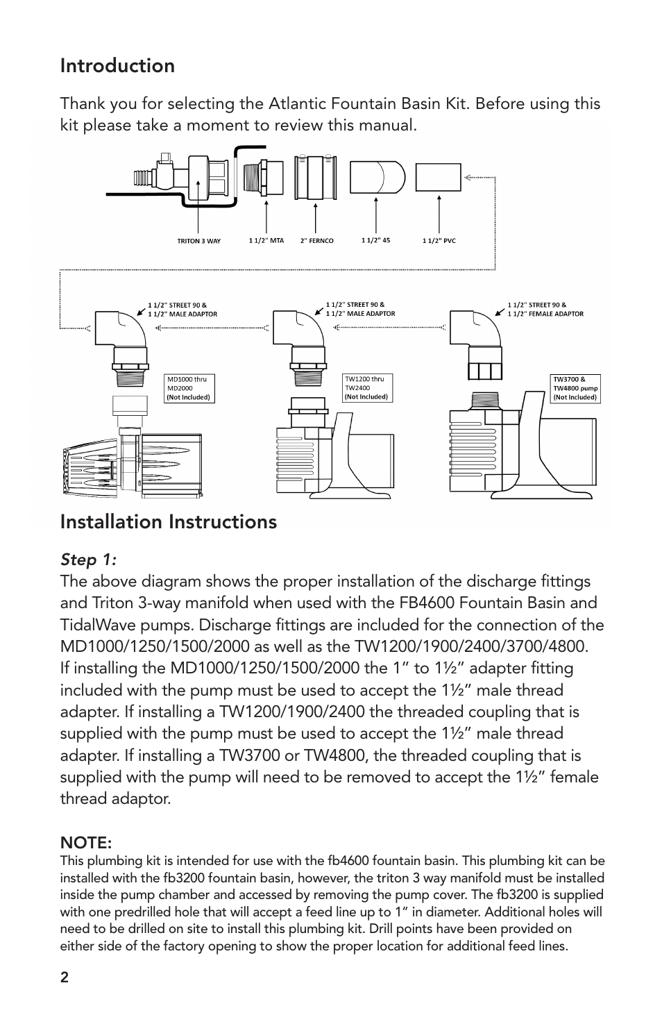 Introduction, Installation instructions | Atlantic Water Gardens FBKIT3 - Plumbing Kit User Manual | Page 2 / 4