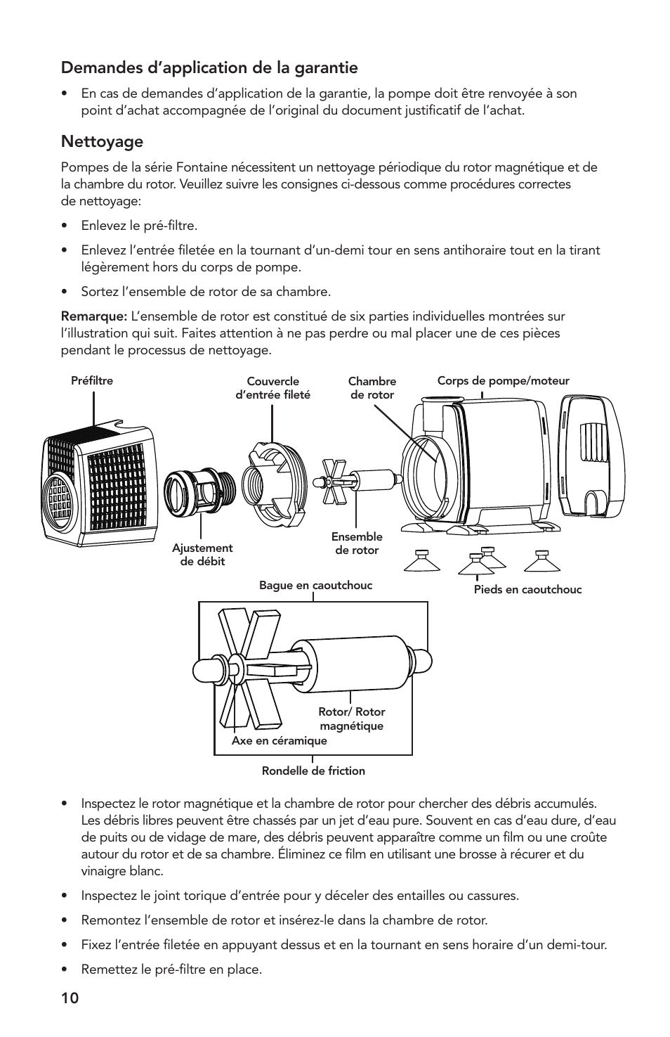 Demandes d’application de la garantie, Nettoyage | Atlantic Water Gardens FP100 User Manual | Page 10 / 16