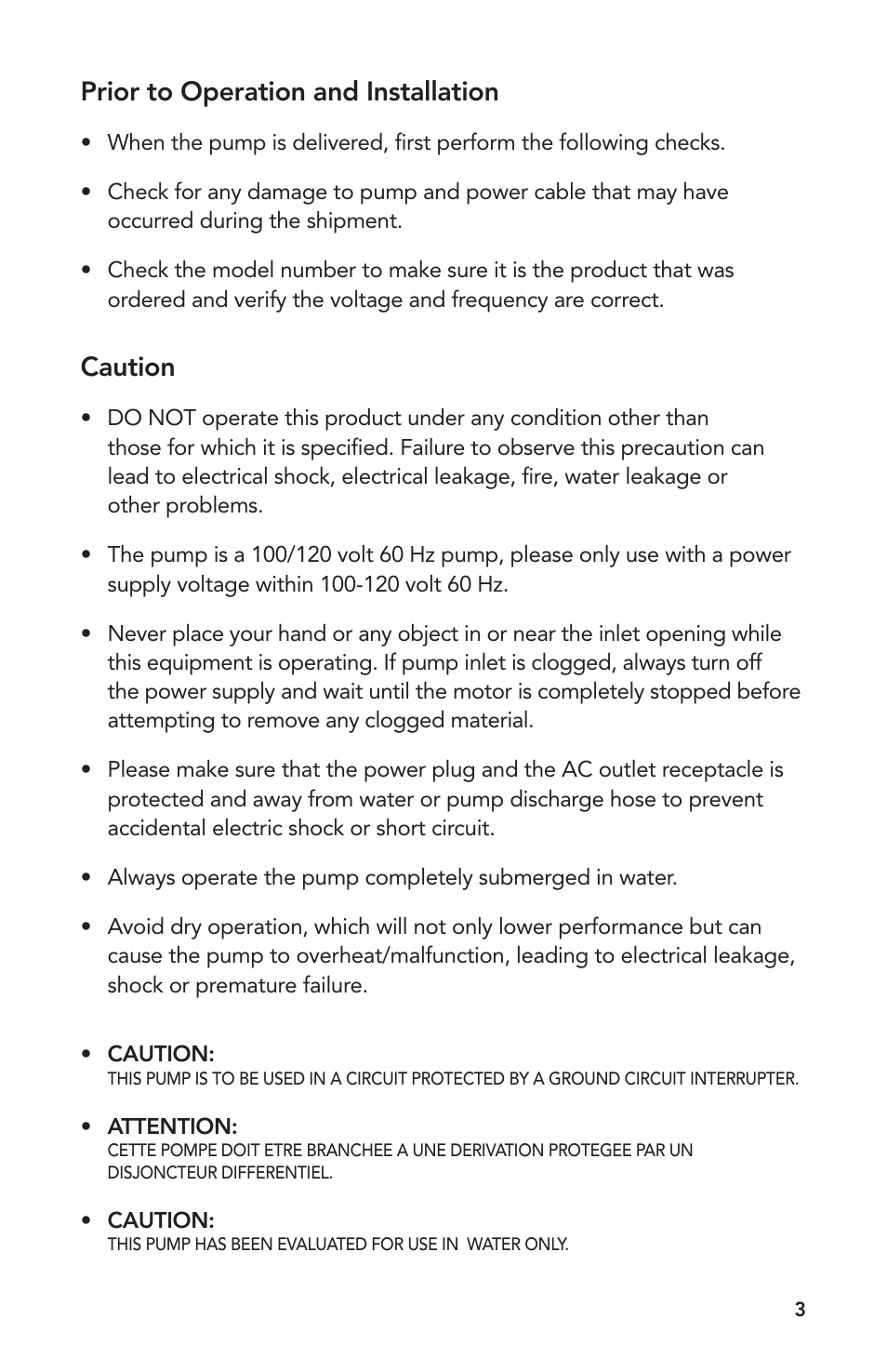 Prior to operation and installation, Caution | Atlantic Water Gardens SH1450 User Manual | Page 3 / 8