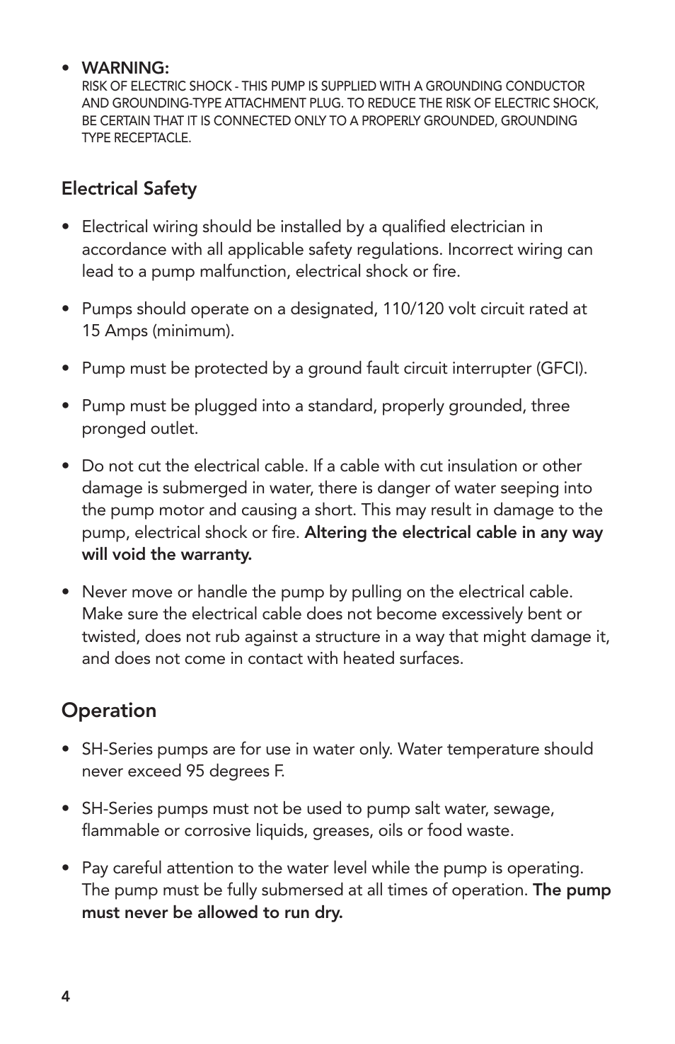 Operation, Electrical safety | Atlantic Water Gardens SH1450 User Manual | Page 4 / 8