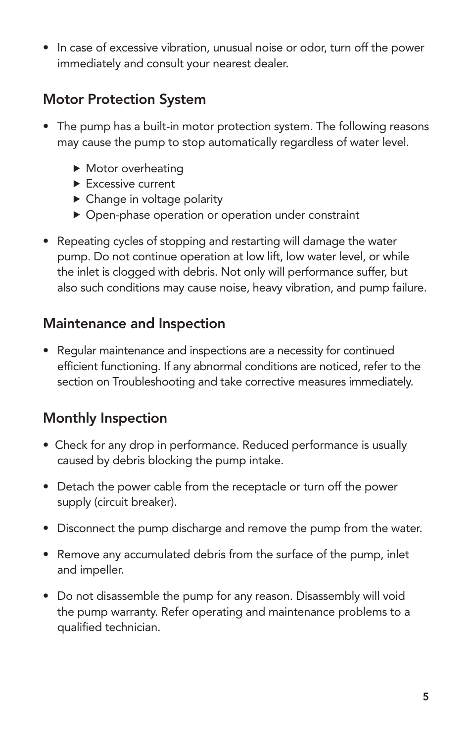 Motor protection system, Maintenance and inspection, Monthly inspection | Atlantic Water Gardens SH1450 User Manual | Page 5 / 8