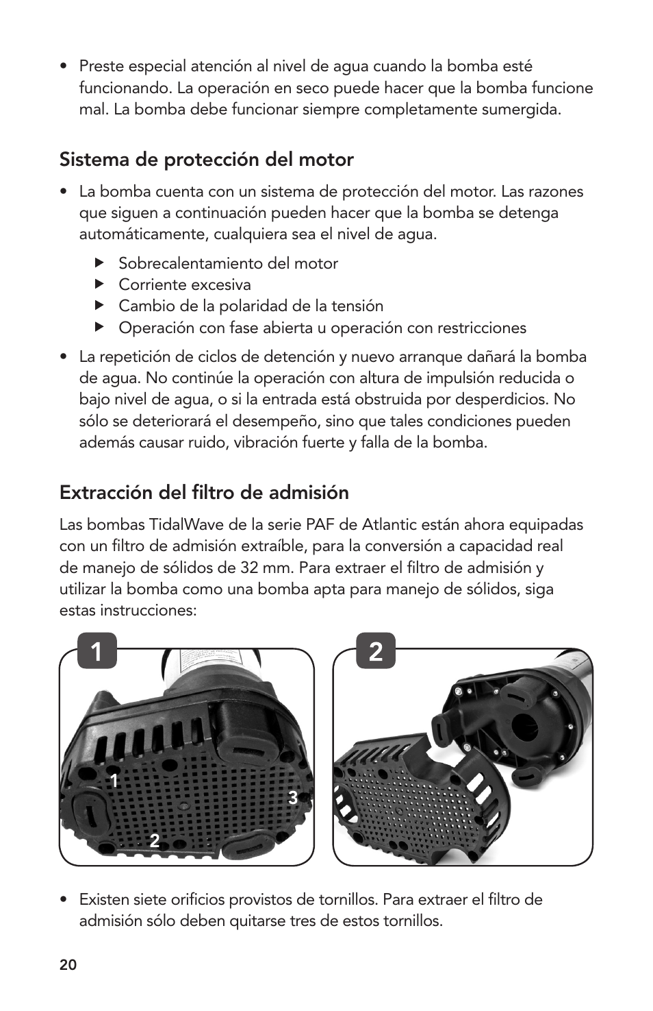 Sistema de protección del motor, Extracción del filtro de admisión | Atlantic Water Gardens PAF-20 User Manual | Page 20 / 24